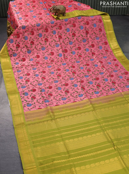 Silk cotton saree pink shade and lime green with allover floral prints and rich zari woven border