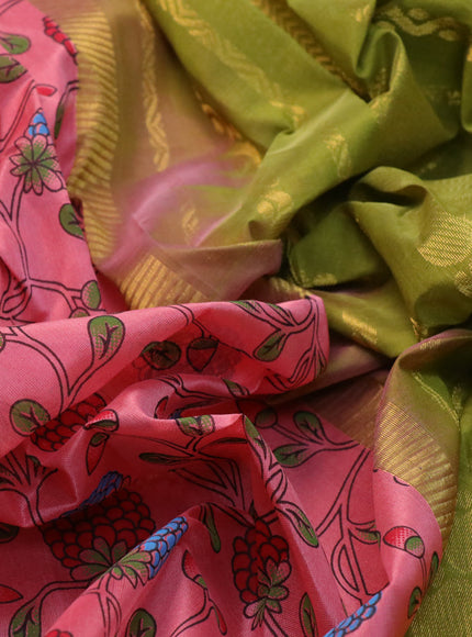 Silk cotton saree pink shade and lime green with allover floral prints and rich zari woven border