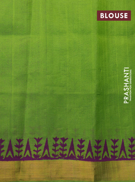 Silk cotton block printed saree light green with allover prints and zari woven border