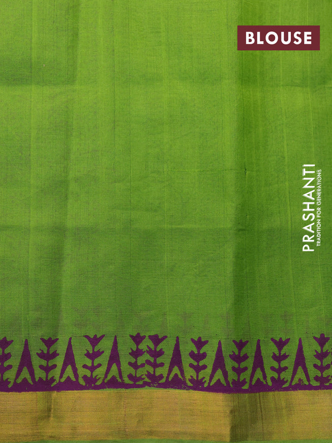 Silk cotton block printed saree light green with allover prints and zari woven border