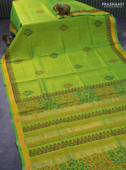 Silk cotton block printed saree light green with floral butta prints and zari woven border