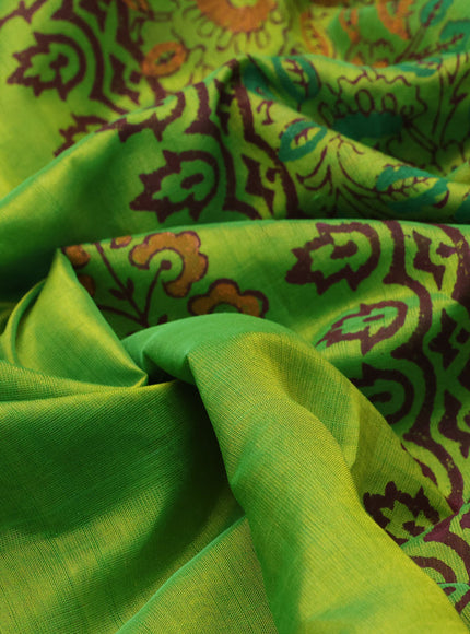 Silk cotton block printed saree light green with floral butta prints and zari woven border