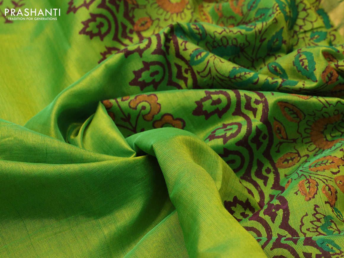 Silk cotton block printed saree light green with floral butta prints and zari woven border