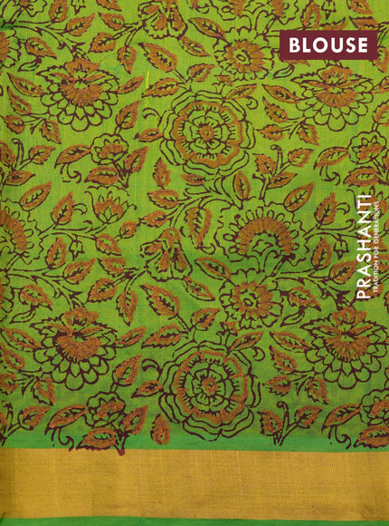 Silk cotton block printed saree light green with floral butta prints and zari woven border