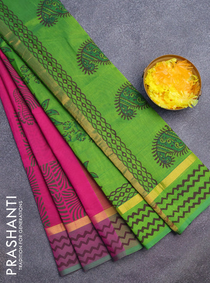 Silk cotton block printed saree pink and green with box type butta prints and zari woven simple border