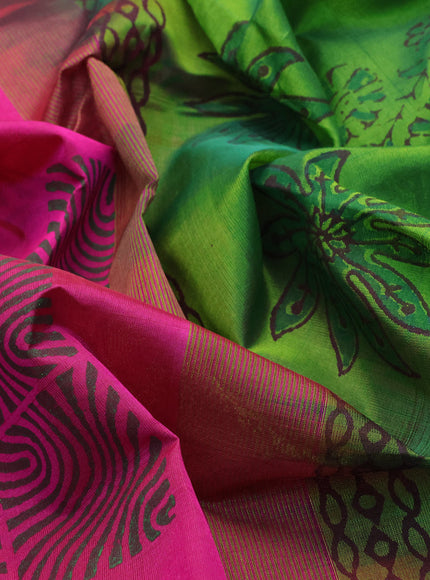 Silk cotton block printed saree pink and green with box type butta prints and zari woven simple border