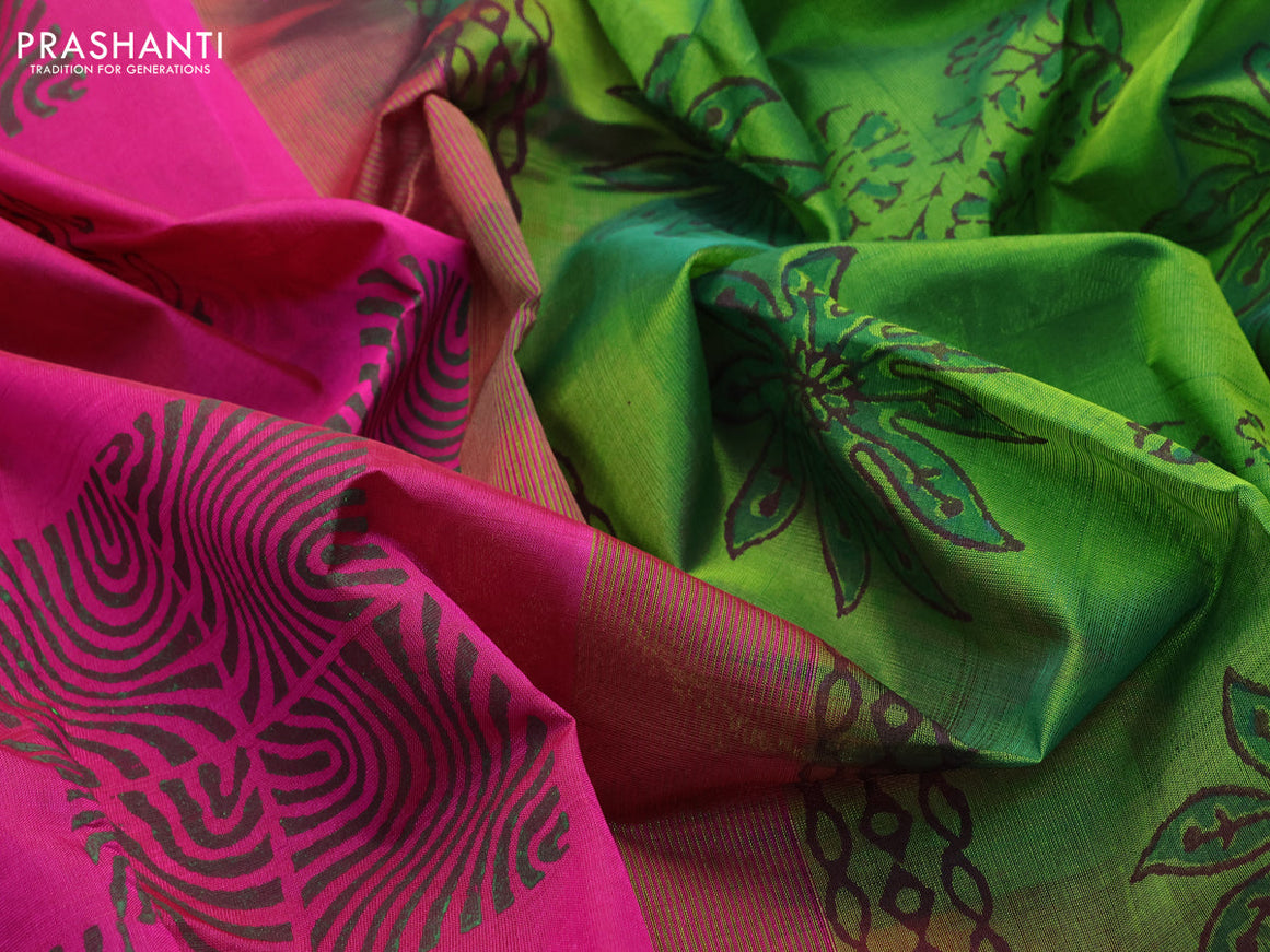 Silk cotton block printed saree pink and green with box type butta prints and zari woven simple border