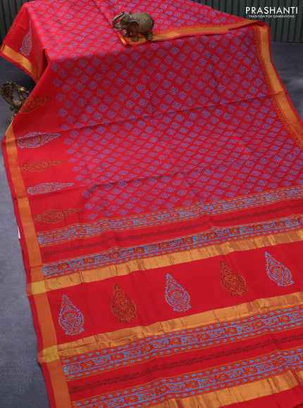 Silk cotton block printed saree red with allover butta prints and zari woven border