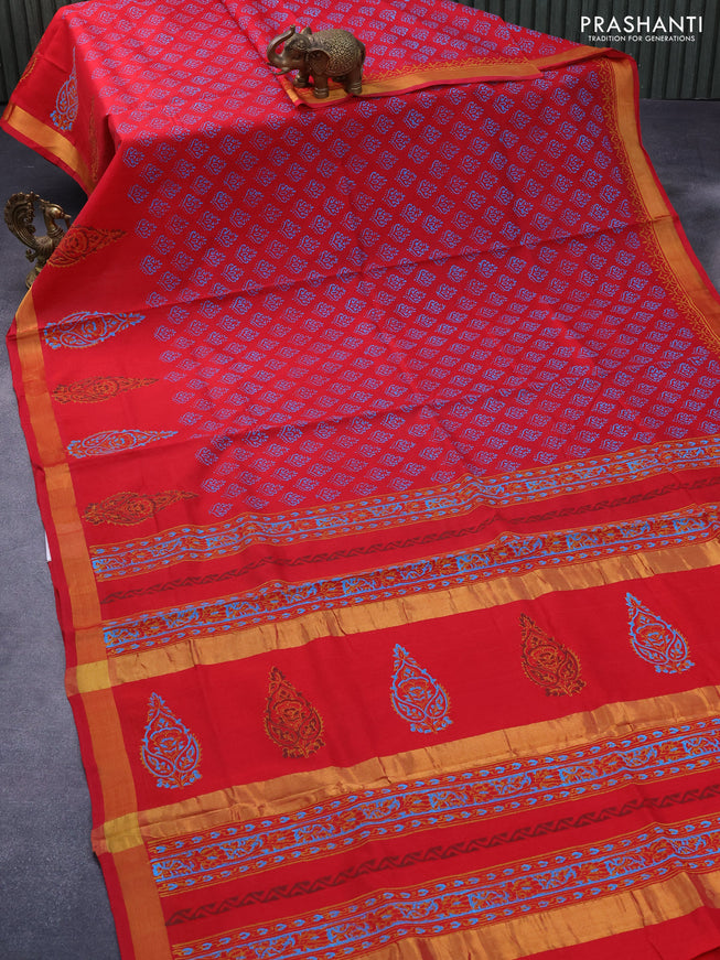 Silk cotton block printed saree red with allover butta prints and zari woven border