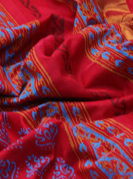 Silk cotton block printed saree red with allover butta prints and zari woven border