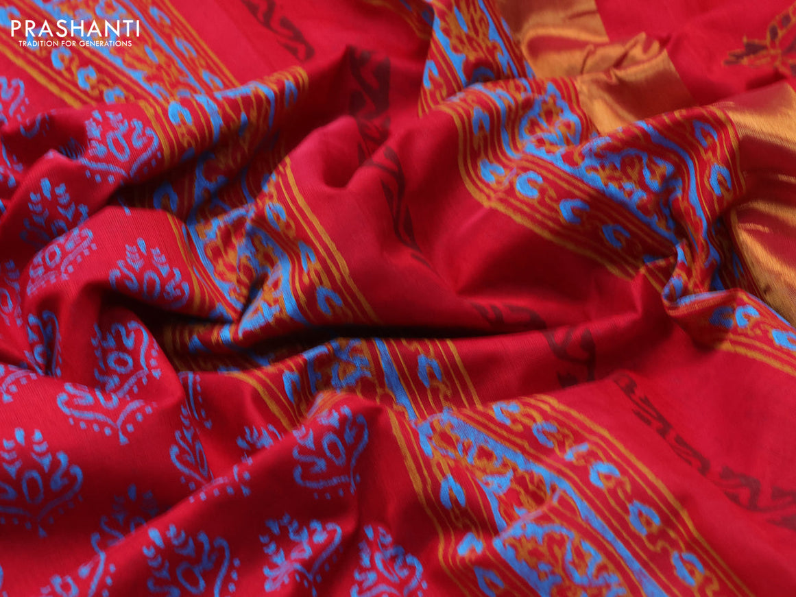 Silk cotton block printed saree red with allover butta prints and zari woven border