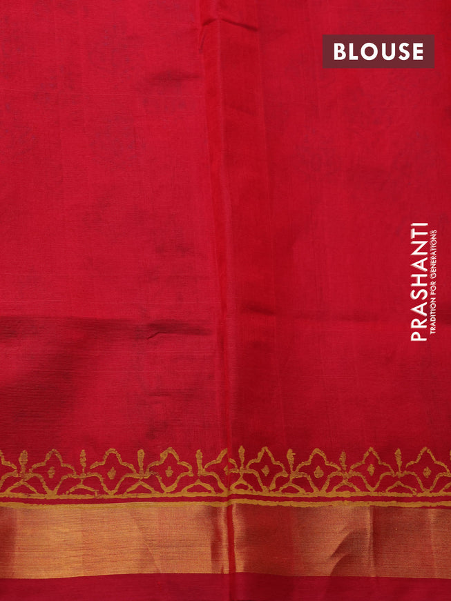 Silk cotton block printed saree red with allover butta prints and zari woven border