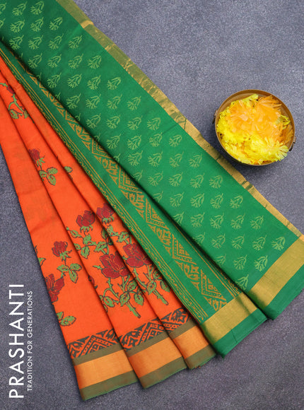 Silk cotton block printed saree orange and green with floarl butta prints and zari woven border