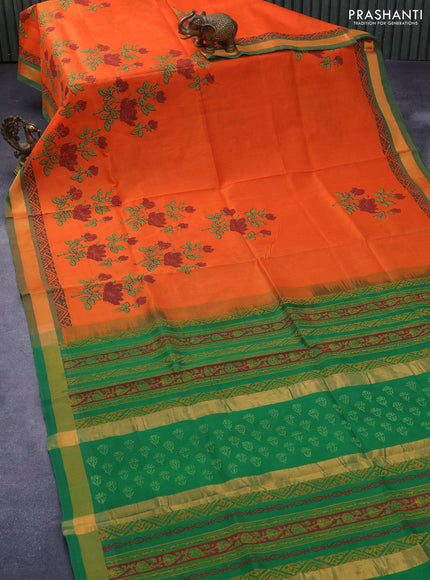 Silk cotton block printed saree orange and green with floarl butta prints and zari woven border