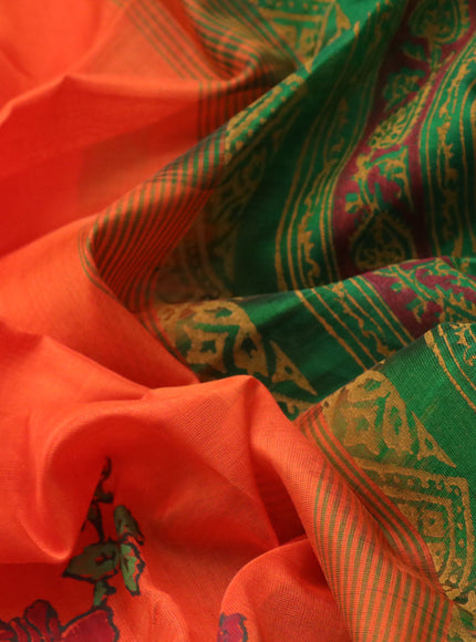 Silk cotton block printed saree orange and green with floarl butta prints and zari woven border