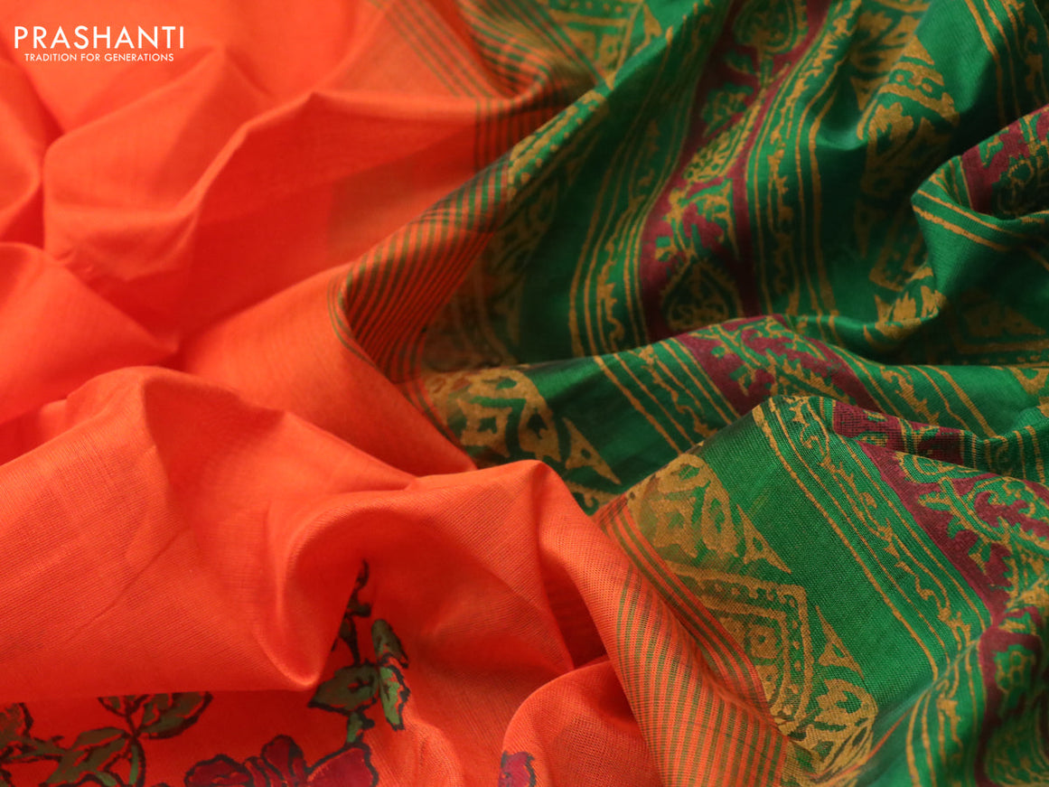 Silk cotton block printed saree orange and green with floarl butta prints and zari woven border