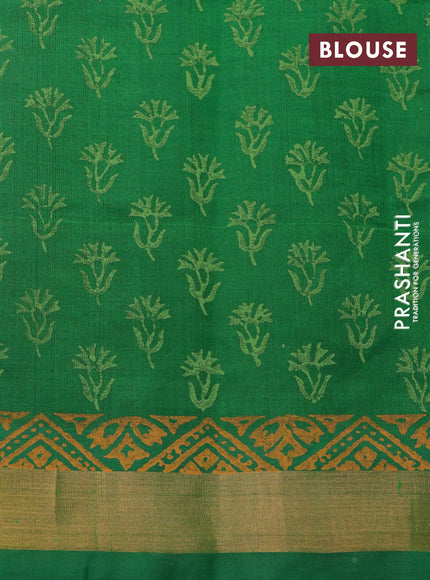 Silk cotton block printed saree orange and green with floarl butta prints and zari woven border