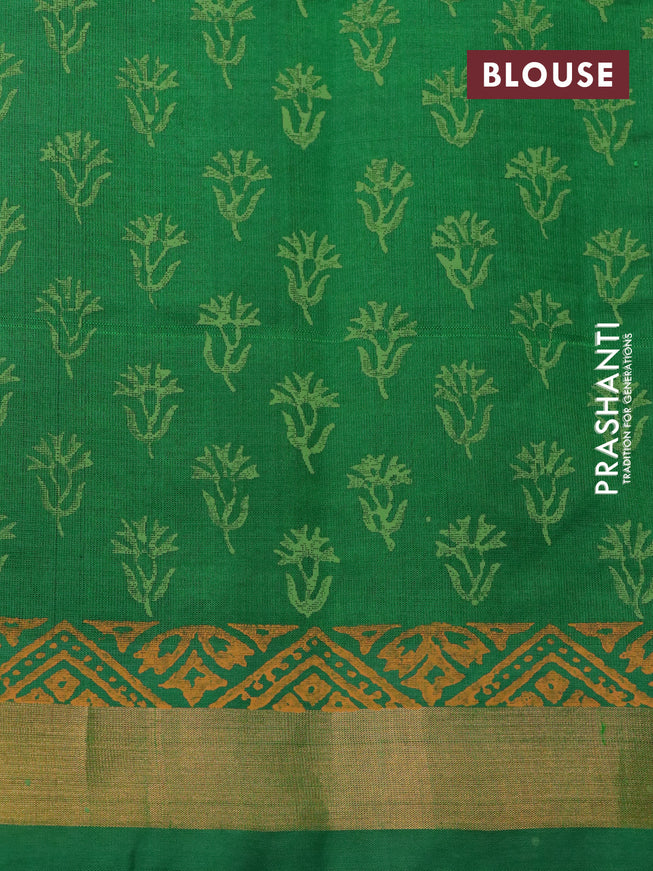 Silk cotton block printed saree orange and green with floarl butta prints and zari woven border