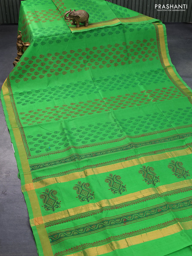 Silk cotton block printed saree light green with butta prints and zari woven border