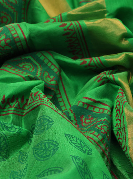 Silk cotton block printed saree light green with butta prints and zari woven border