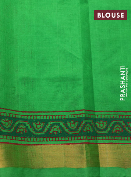 Silk cotton block printed saree light green with butta prints and zari woven border