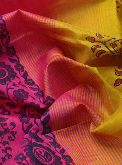 Silk cotton block printed saree pink and mustard yellow with butta prints and zari woven border