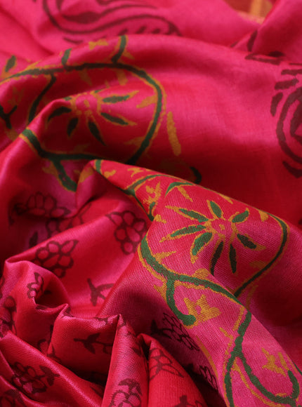 Silk cotton block printed saree pink with allover floral butta prints and zari woven border