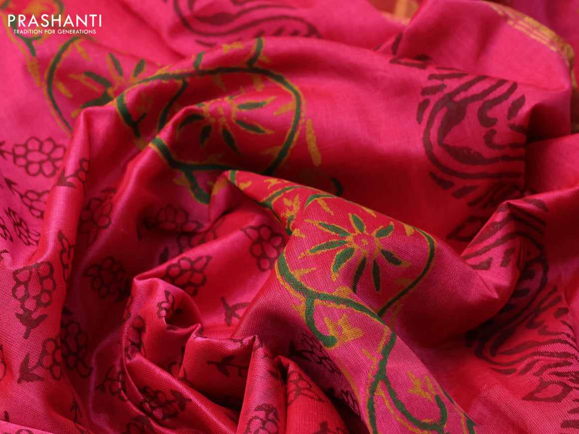 Silk cotton block printed saree pink with allover floral butta prints and zari woven border