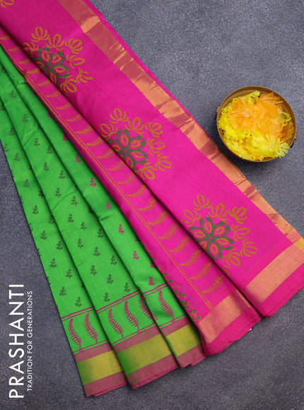 Silk cotton block printed saree light green and pink with butta prints and zari woven border