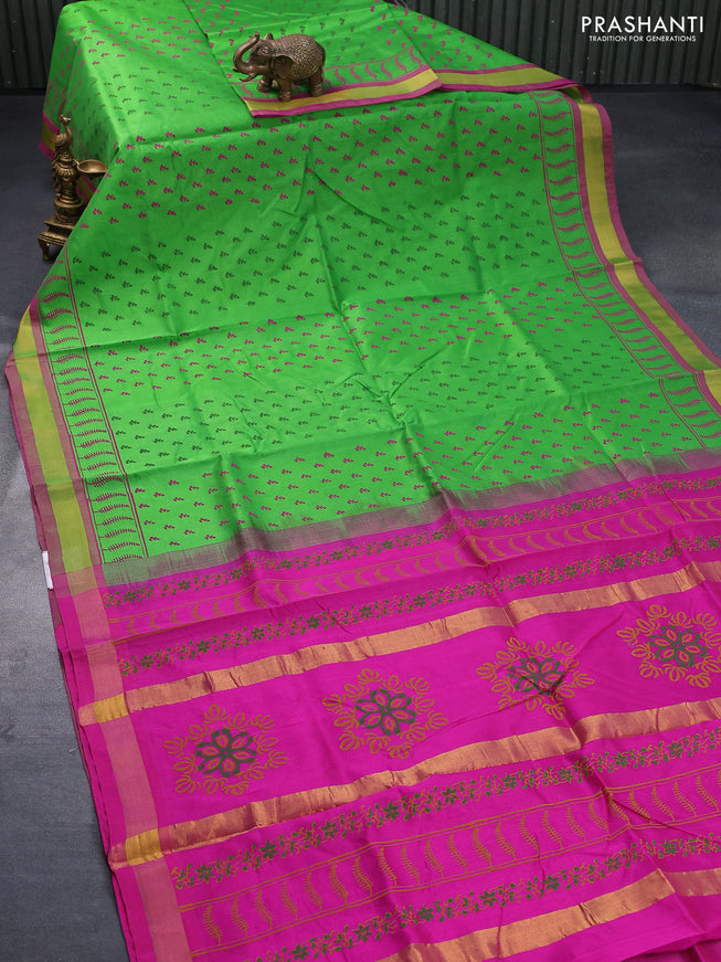 Silk cotton block printed saree light green and pink with butta prints and zari woven border