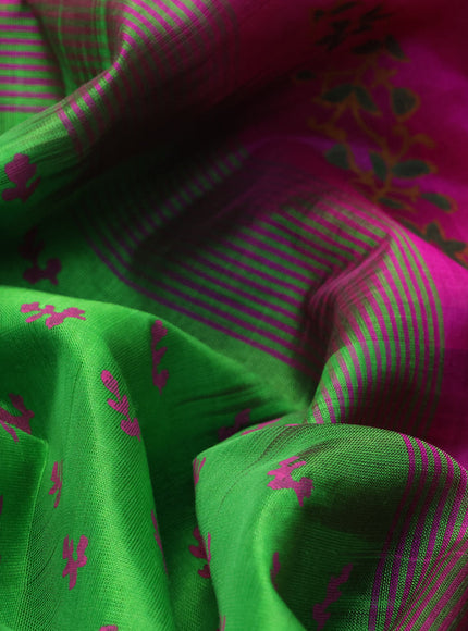 Silk cotton block printed saree light green and pink with butta prints and zari woven border