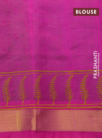 Silk cotton block printed saree light green and pink with butta prints and zari woven border