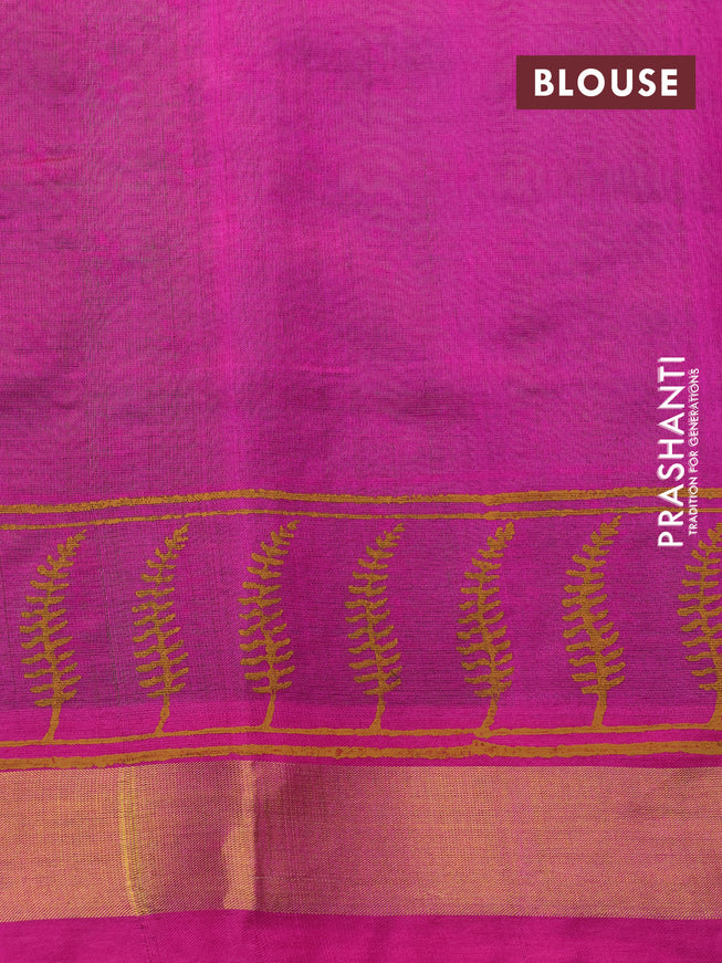 Silk cotton block printed saree light green and pink with butta prints and zari woven border