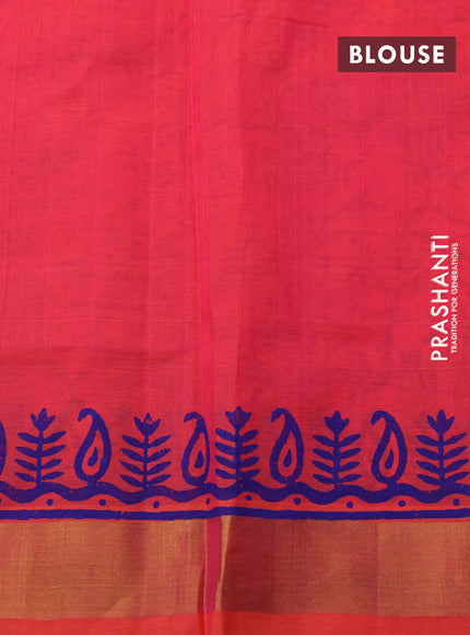 Silk cotton block printed saree dual shade of pinkish orange with allover prints and zari woven border