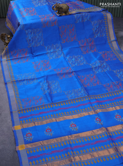 Silk cotton block printed saree cs blue with allover prints and zari woven border