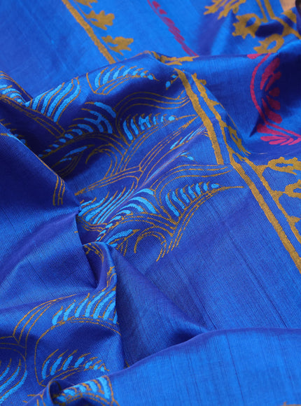 Silk cotton block printed saree cs blue with allover prints and zari woven border