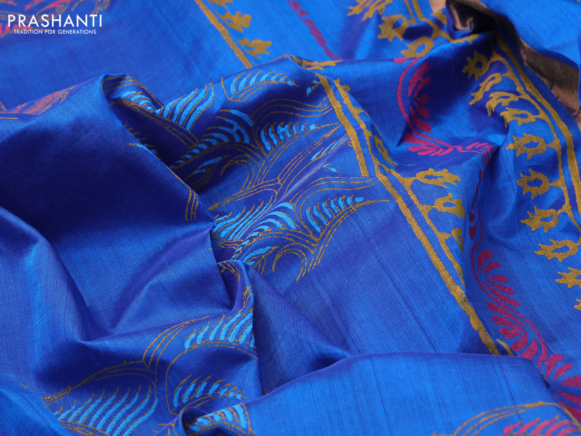 Silk cotton block printed saree cs blue with allover prints and zari woven border