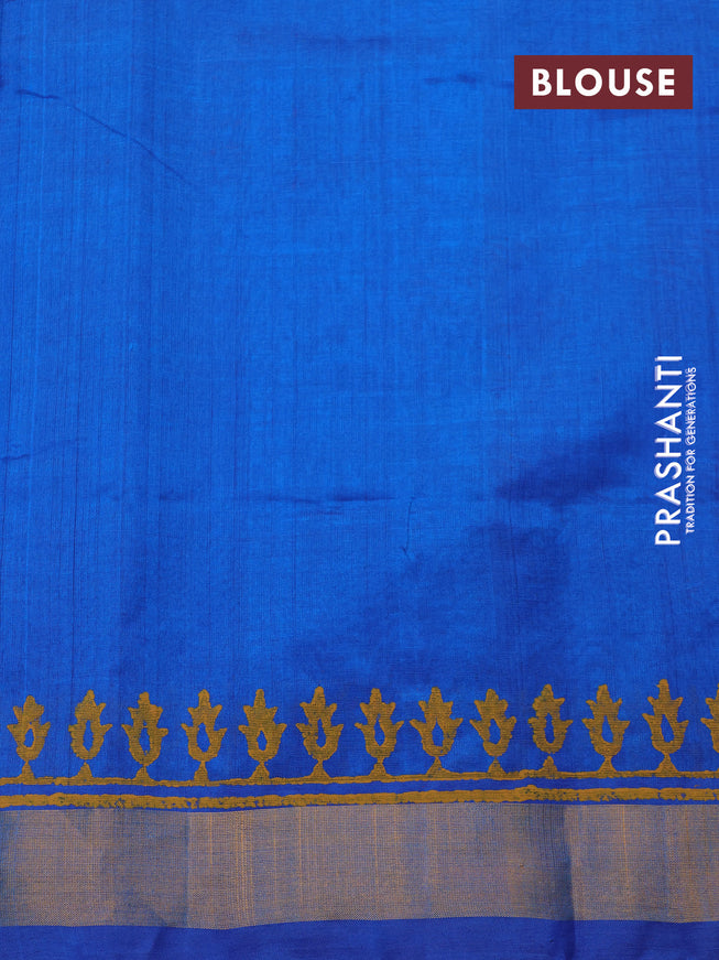 Silk cotton block printed saree cs blue with allover prints and zari woven border