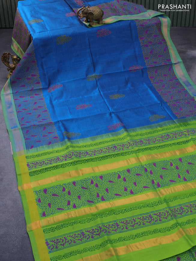 Silk cotton block printed saree peacock green and light green with butta prints and zari woven border