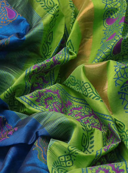 Silk cotton block printed saree peacock green and light green with butta prints and zari woven border