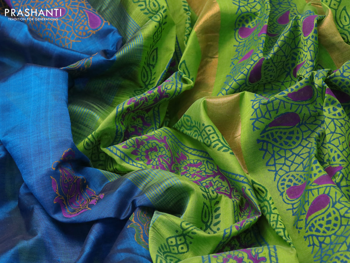 Silk cotton block printed saree peacock green and light green with butta prints and zari woven border