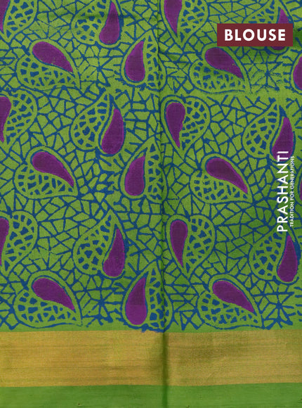 Silk cotton block printed saree peacock green and light green with butta prints and zari woven border