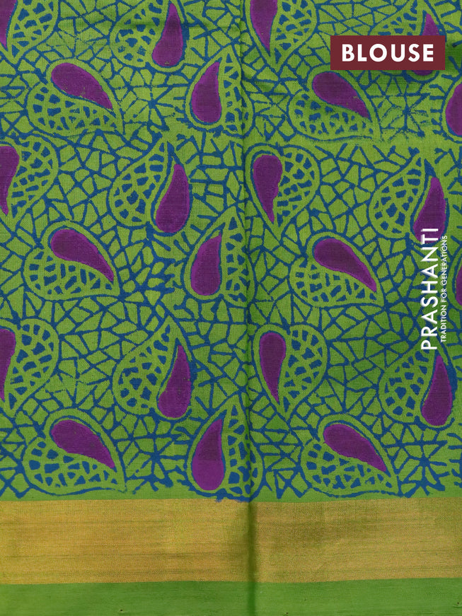 Silk cotton block printed saree peacock green and light green with butta prints and zari woven border