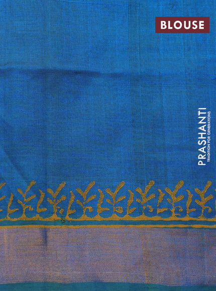 Silk cotton block printed saree dual shade of teal blue with allover prints and zari woven border