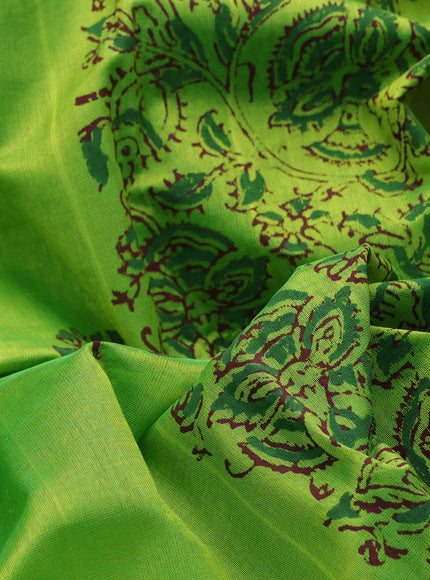 Silk cotton block printed saree light green with floral butta prints and zari woven border