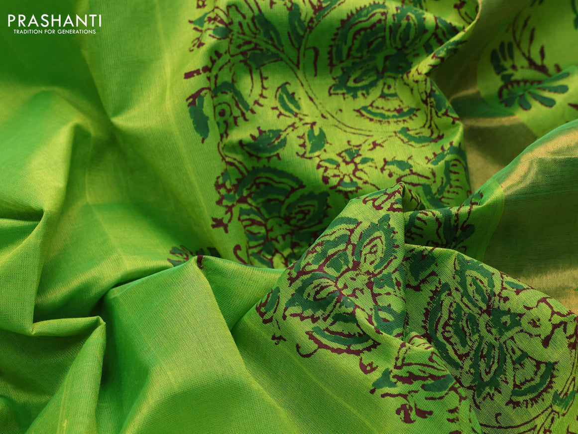 Silk cotton block printed saree light green with floral butta prints and zari woven border