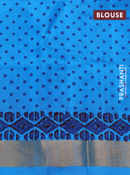 Silk cotton block printed saree maroon and light blue with allover prints and zari woven border