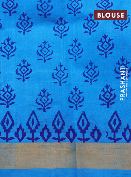 Silk cotton block printed saree cs blue with allover prints and zari woven border