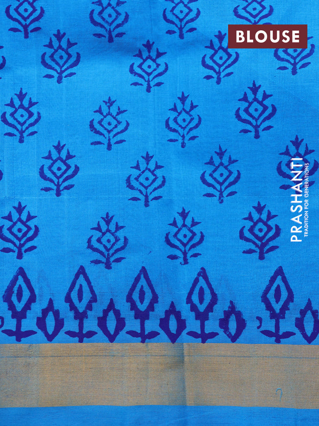 Silk cotton block printed saree cs blue with allover prints and zari woven border