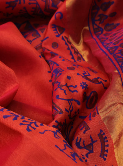 Silk cotton block printed saree dual shade of orange with allover warli prints and zari woven border